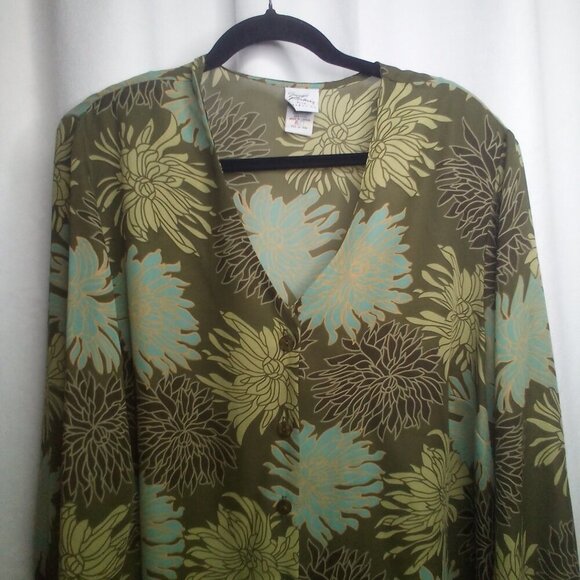 Giorgio Fiorlini Blouse Plus Collection 22 24 Button Up Long Sleeve Floral Green - Picture 13 of 16
